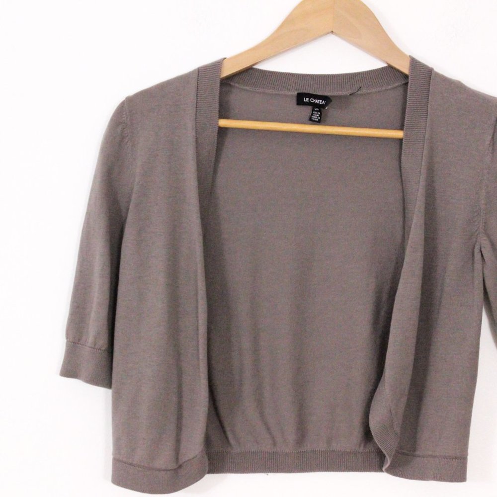 *Le Chateau Brown Beige Cropped 3/4 Sleeve Cardigan - Picture 5 of 7
